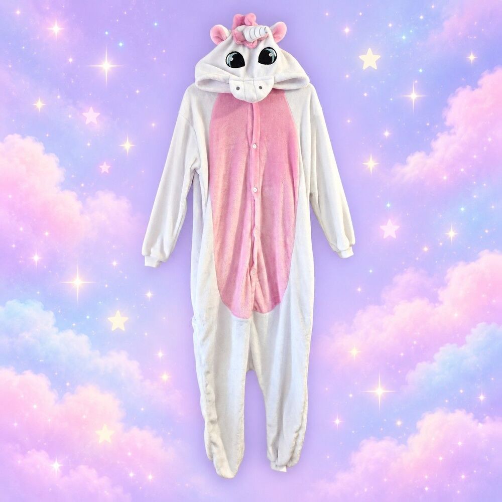Adult M Unicorn Jumpsuit Halloween Costume Plush Romper Pajamas Pink White Hood